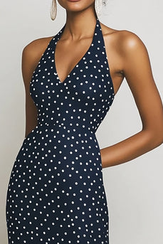 Halter Marinblå Slida Lång Vit Polka Dots Klänning