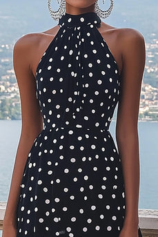Hög hals Svart Vit A Line Polka Dots Klänning