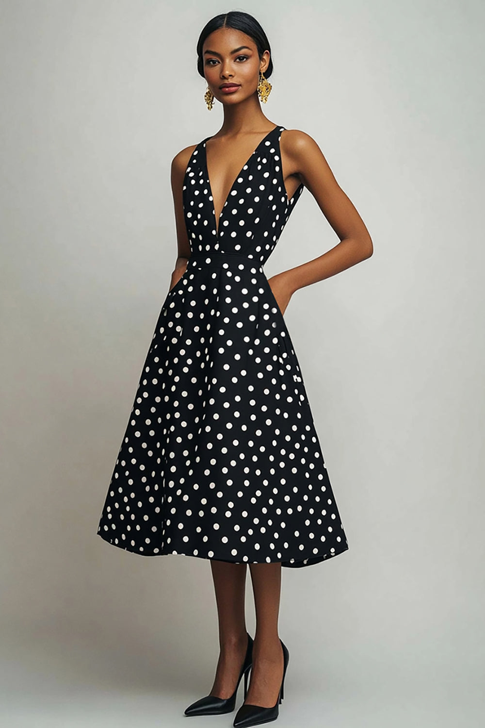 Svart Vit V-ringad A Line Polka Dots Klänning