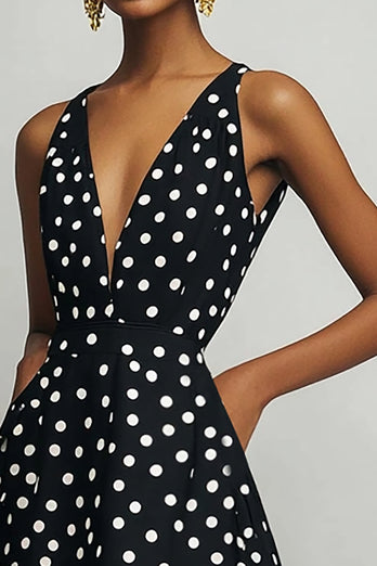 Svart Vit V-ringad A Line Polka Dots Klänning