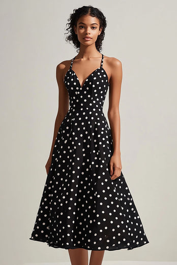 Svart Vit Spaghetti Remmar A-linje Polka Dots Klänning