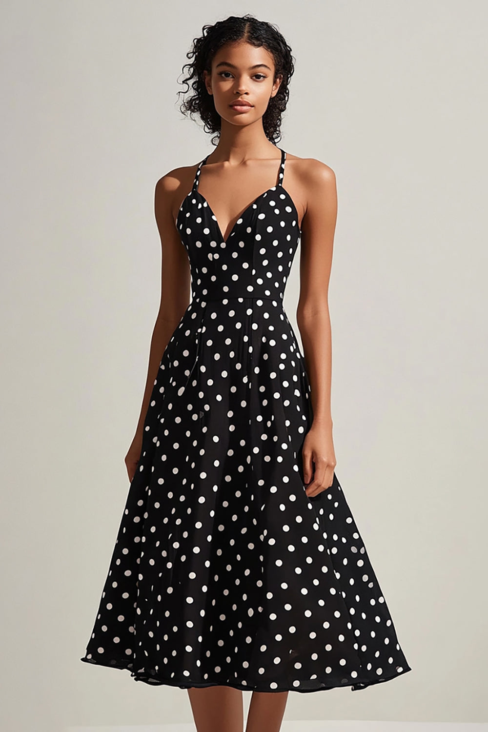 Svart Vit Spaghetti Remmar A-linje Polka Dots Klänning