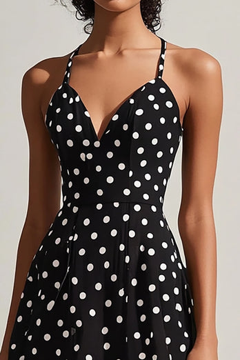 Svart Vit Spaghetti Remmar A-linje Polka Dots Klänning
