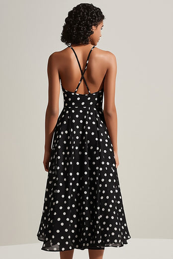 Svart Vit Spaghetti Remmar A-linje Polka Dots Klänning