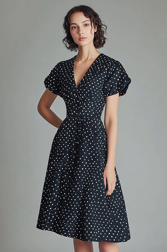 A Line V-ringning Svart Vit Polka Dots Klänning med Korta ärmar