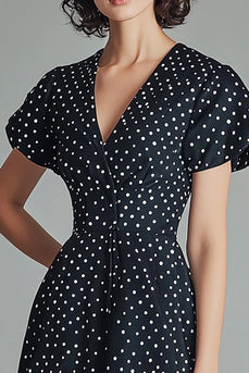 A Line V-ringning Svart Vit Polka Dots Klänning med Korta ärmar