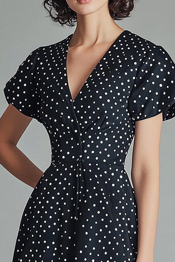 A Line V-ringning Svart Vit Polka Dots Klänning med Korta ärmar