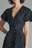 A Line V-ringning Svart Vit Polka Dots Klänning med Korta ärmar