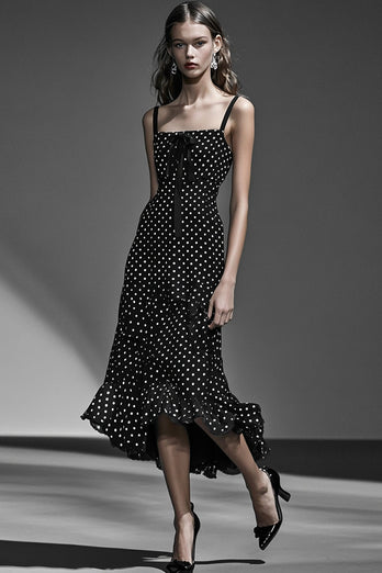 Chiffong Svart Vit Volang En linje Polka Dots Klänning