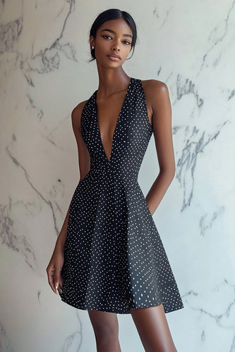 A Line Halter V-hals Mini Svart Vit Polka Dots Klänning
