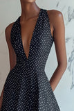 A Line Halter V-hals Mini Svart Vit Polka Dots Klänning