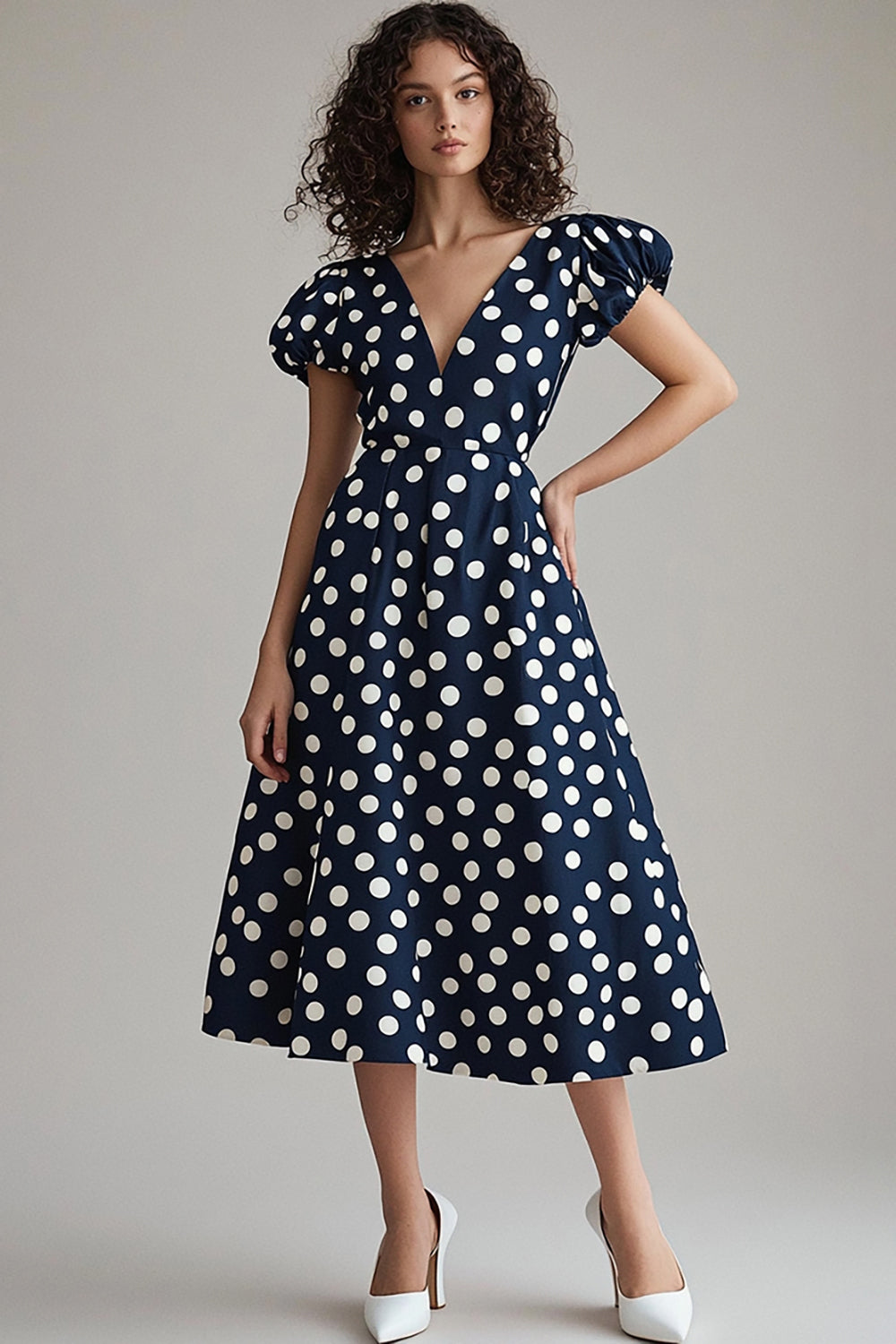 Marinvit A Line Polka Dots Klänning med puffärmar