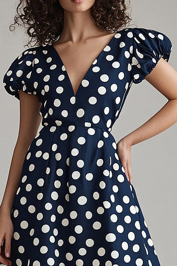 Marinvit A Line Polka Dots Klänning med puffärmar