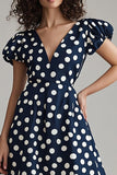 Marinvit A Line Polka Dots Klänning med puffärmar
