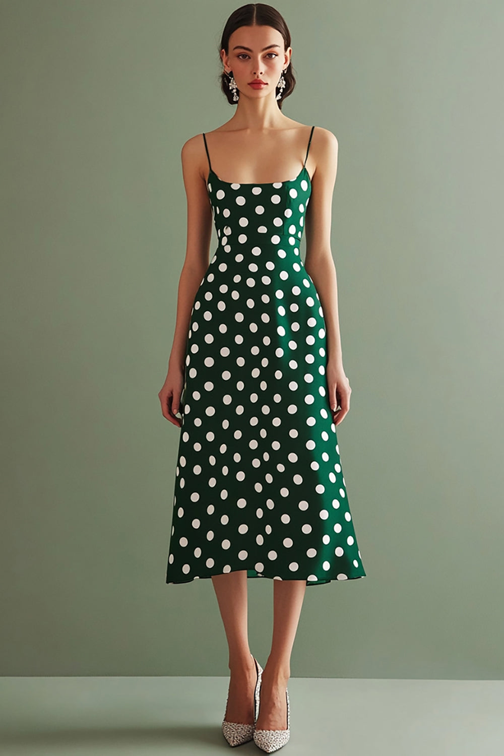 Grön Vit Spaghetti Remmar En linje Midi Polka Dots Klänning