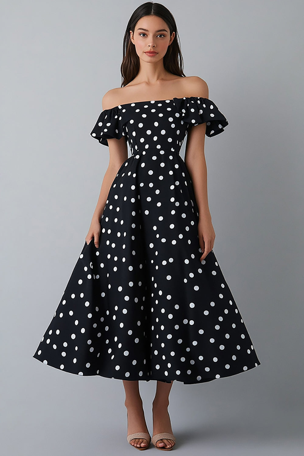 Off The Shoulder Volangled Svart Vit Polka Dots Klänning