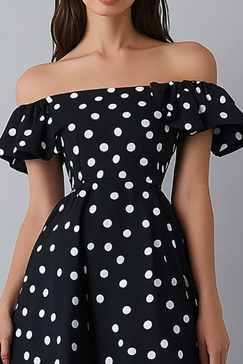 Off The Shoulder Volangled Svart Vit Polka Dots Klänning