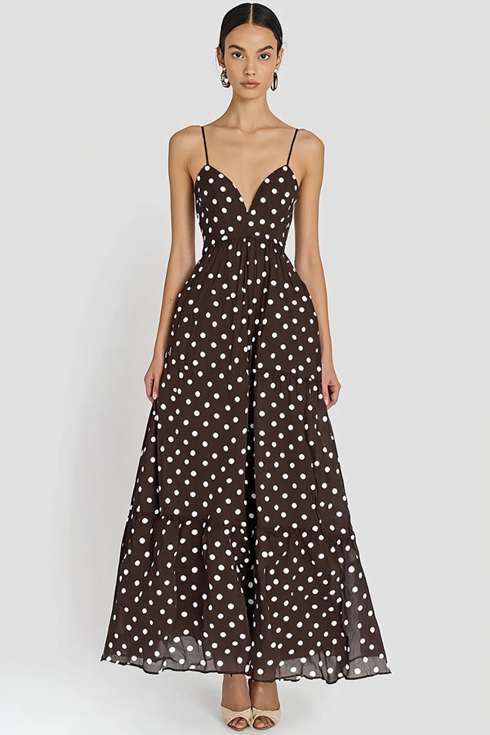 Kaffe Spaghetti Remmar En linje Vit Polka Dots Klänning