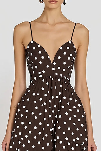 Kaffe Spaghetti Remmar En linje Vit Polka Dots Klänning
