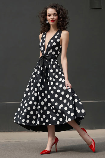 Svart Vit A Line V-ringad Polka Dots Klänning