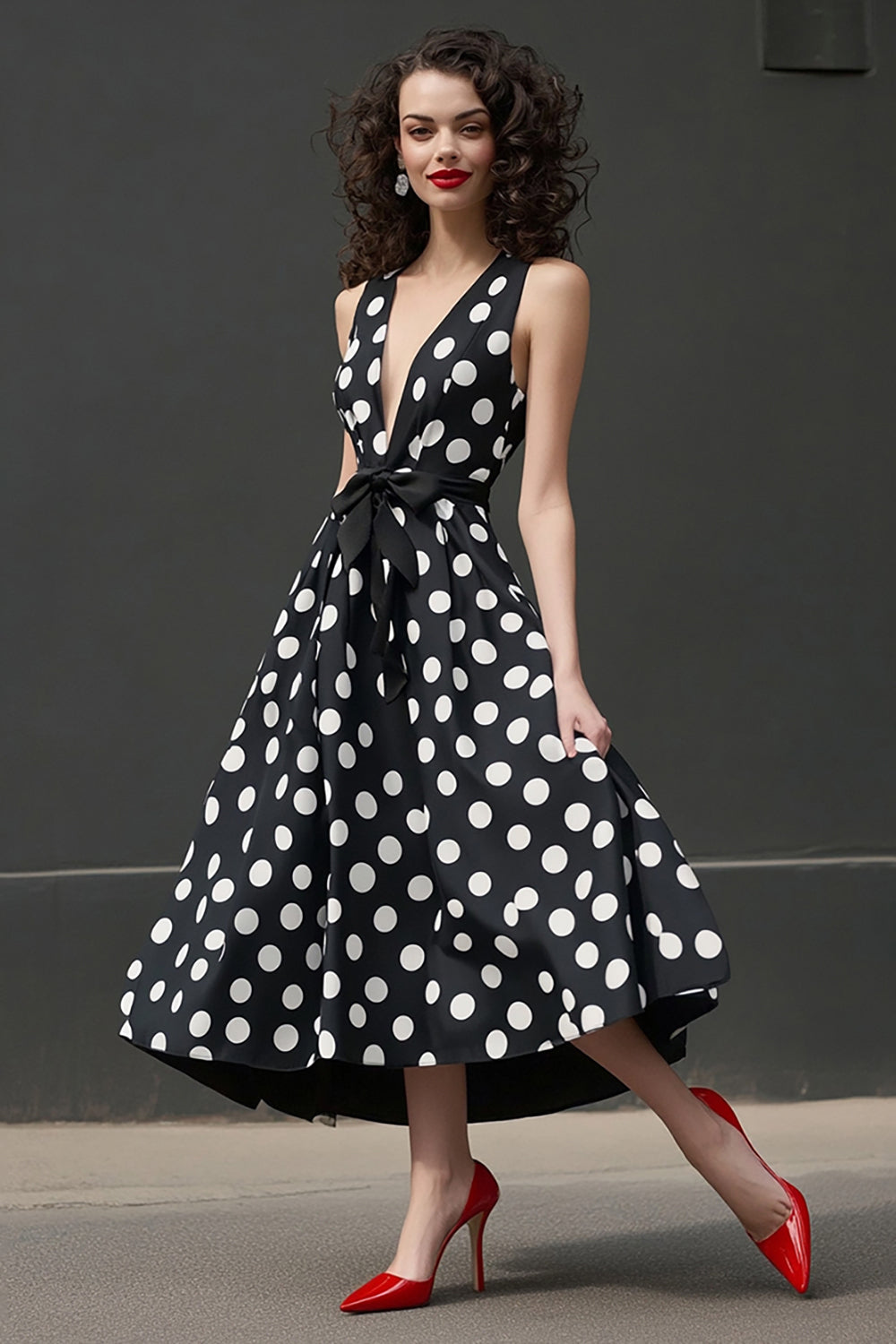 Svart Vit A Line V-ringad Polka Dots Klänning