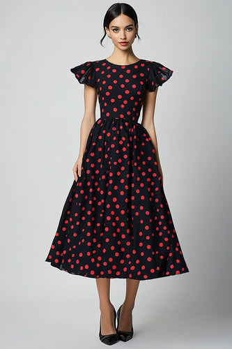 En linje volang ärmar Röd Polka Dots Klänning