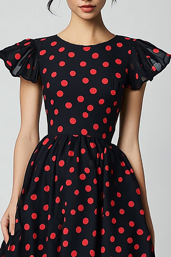 En linje volang ärmar Röd Polka Dots Klänning