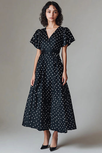 Svart Vit En linje V-hals Lång Polka Dots Klänning