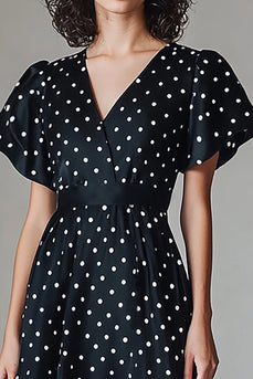 Svart Vit En linje V-hals Lång Polka Dots Klänning