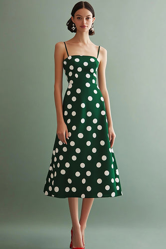 A Line Spaghetti Straps Grön Vit Polka Dots Klänning