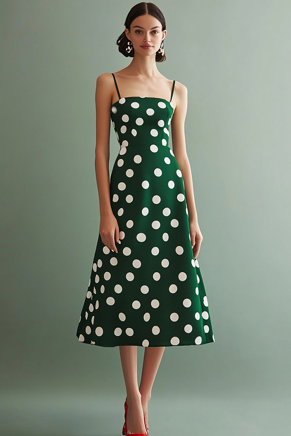 A Line Spaghetti Straps Grön Vit Polka Dots Klänning