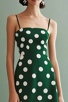 A Line Spaghetti Straps Grön Vit Polka Dots Klänning