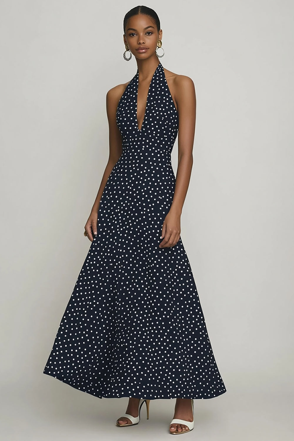 Chiffong Halter A-linje Svart Vit Polka Dots Klänning