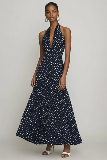 Chiffong Halter A-linje Svart Vit Polka Dots Klänning