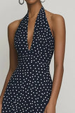 Chiffong Halter A-linje Svart Vit Polka Dots Klänning