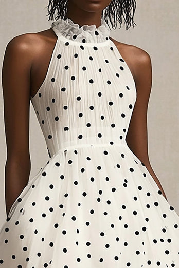 En linje Ruffled Hög hals Vit Svart Polka Dots Klänning