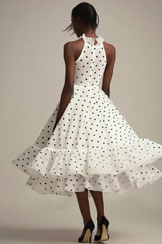 En linje Ruffled Hög hals Vit Svart Polka Dots Klänning
