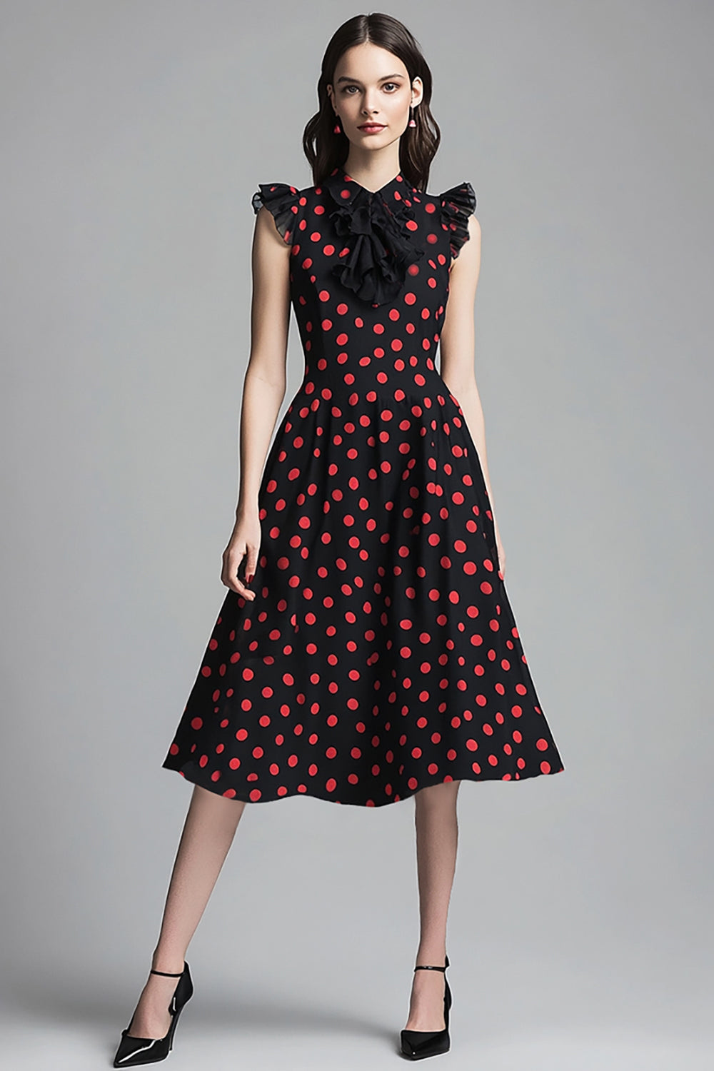 Svart En Linje Rufsig Röd Polka Dots Klänning