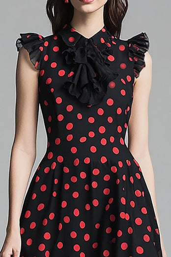 Svart En Linje Rufsig Röd Polka Dots Klänning