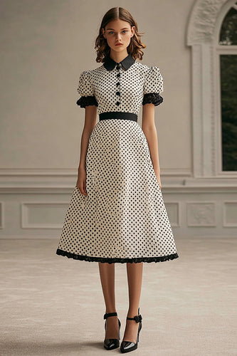 A Line Kavajslag Vit Svart Polka Dots Klänning med puffärmar