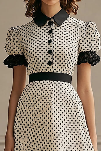 A Line Kavajslag Vit Svart Polka Dots Klänning med puffärmar