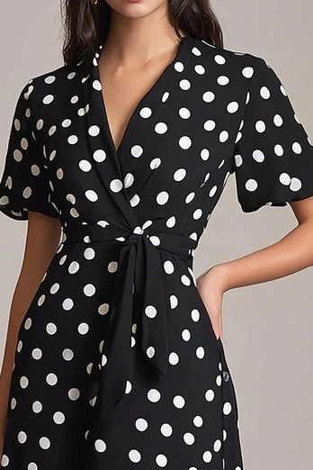 Svart Vit A-linje V-ringad Polka Dots Klänning med Skärp