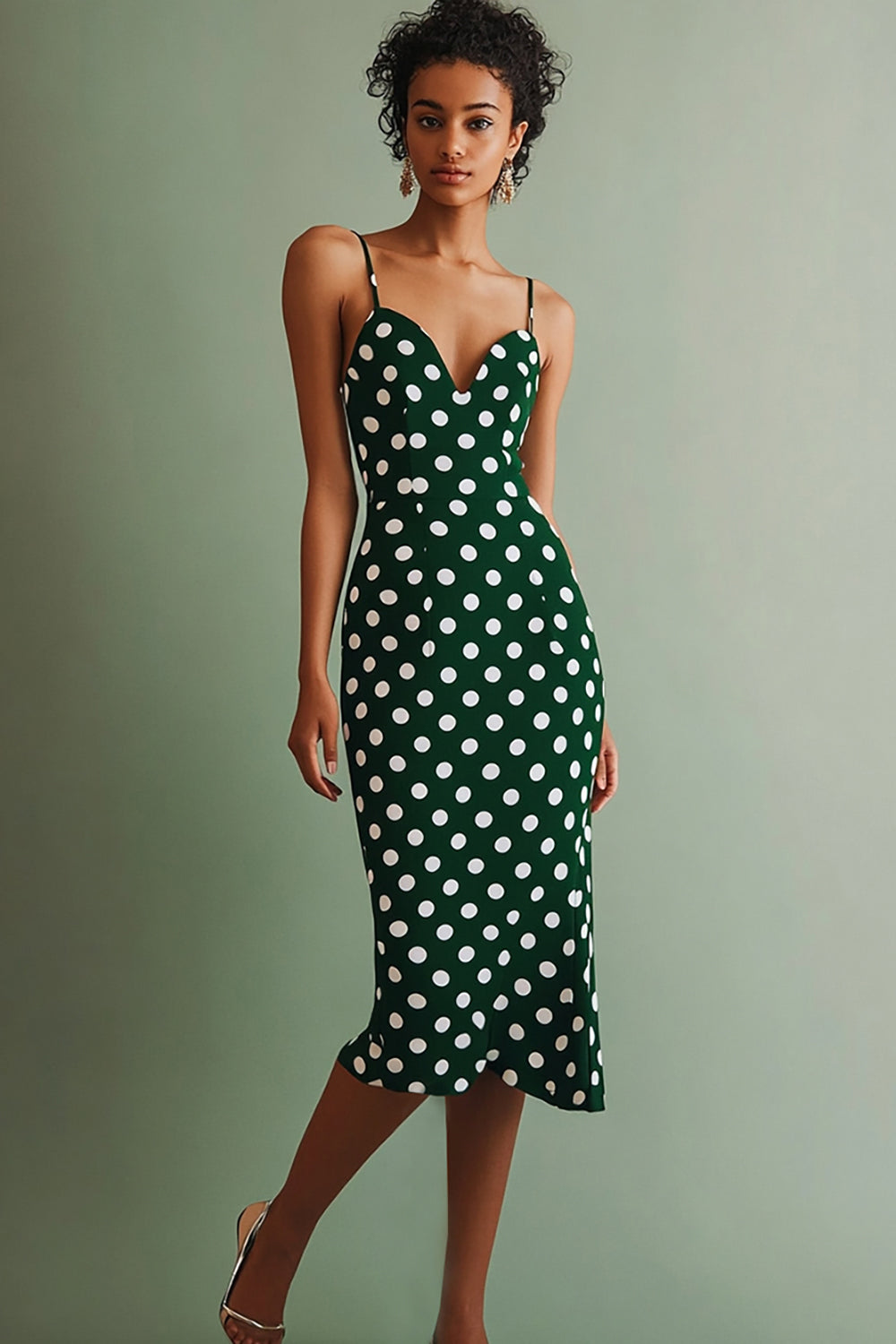 Grön Vit Spaghetti Remmar Slida Midi Polka Dots Klänning