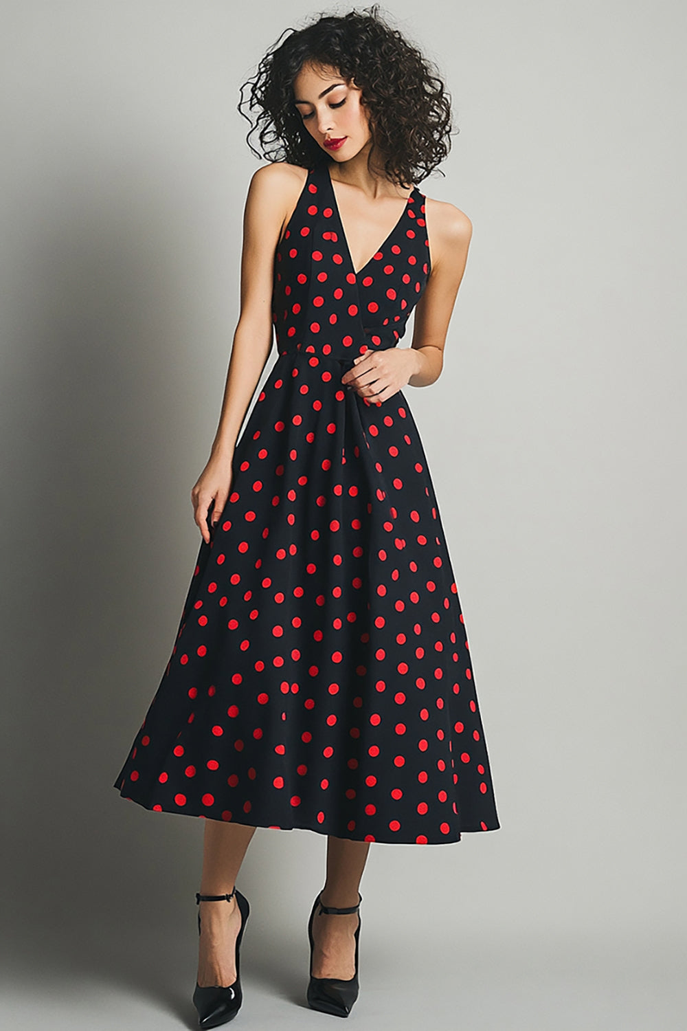 Svart Röd A Line V-hals Polka Dots Klänning