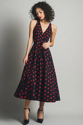Svart Röd A Line V-hals Polka Dots Klänning