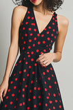Svart Röd A Line V-hals Polka Dots Klänning