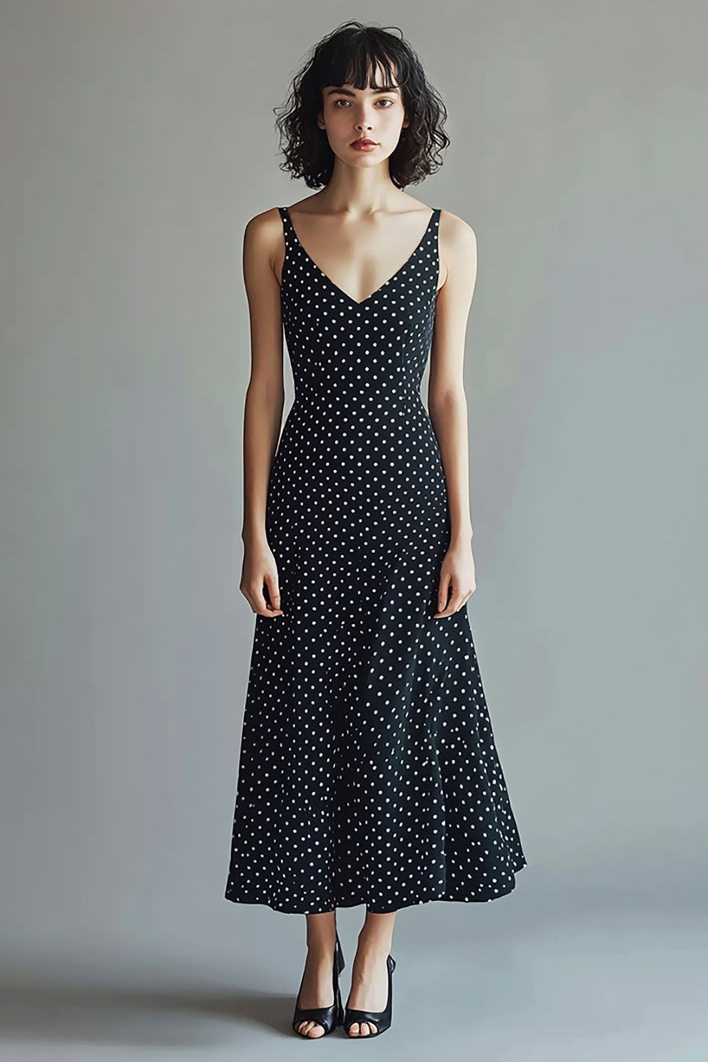 A-linje Spaghetti Remmar Svart Vit V-ringad Polka Dots Klänning