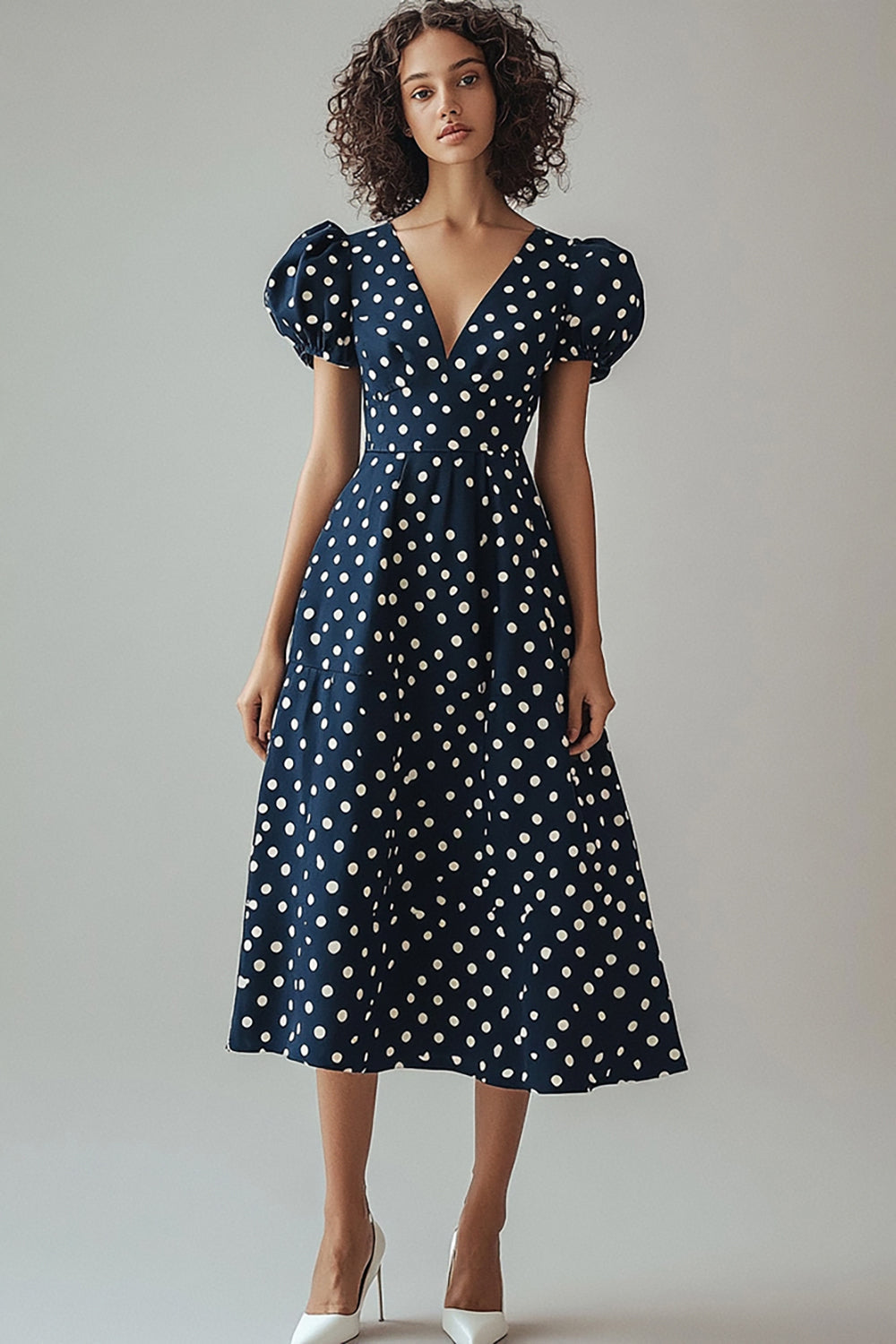 A Line V-ringning Marinblå Vit Polka Dots Klänning med puffärmar