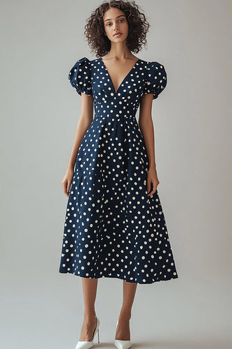 A Line V-ringning Marinblå Vit Polka Dots Klänning med puffärmar