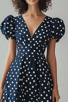 A Line V-ringning Marinblå Vit Polka Dots Klänning med puffärmar